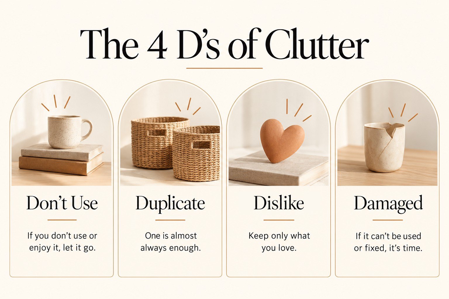 The 4 D's of clutter: don't use, duplicate, dislike, and damaged.