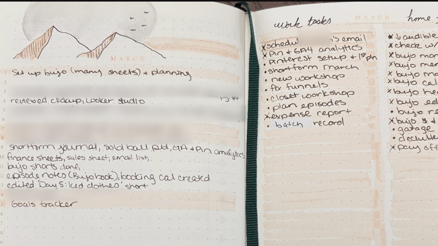 Bullet journal monthly log with a painted mountain header and a work tasks column