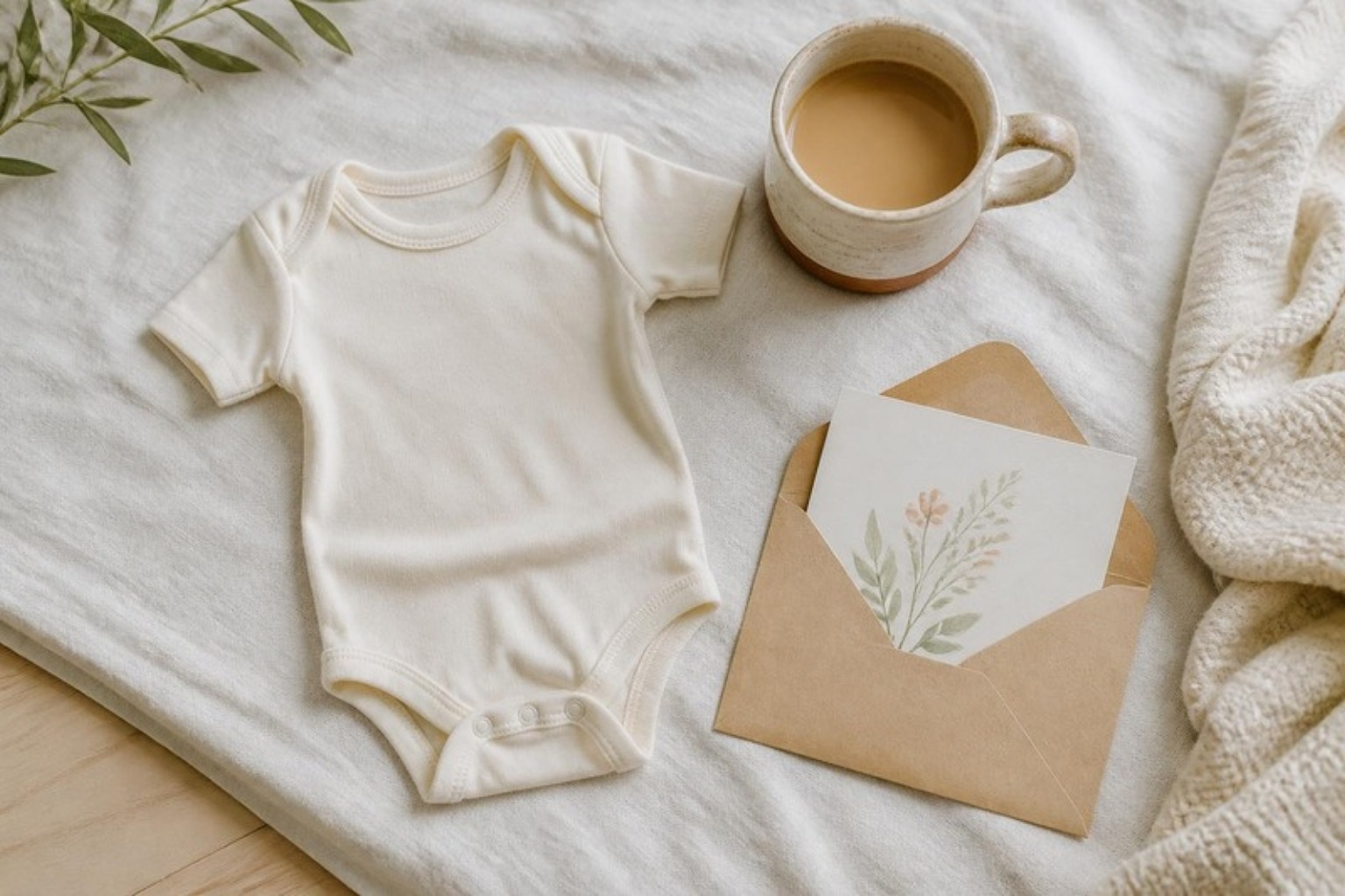 A baby onesie, a well-loved mug and a handwritten card laid out on linen