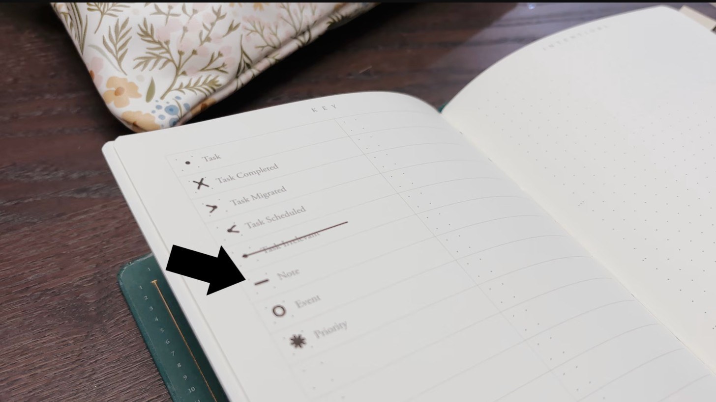 Bullet journal key showing the rapid logging symbols for tasks, notes and events