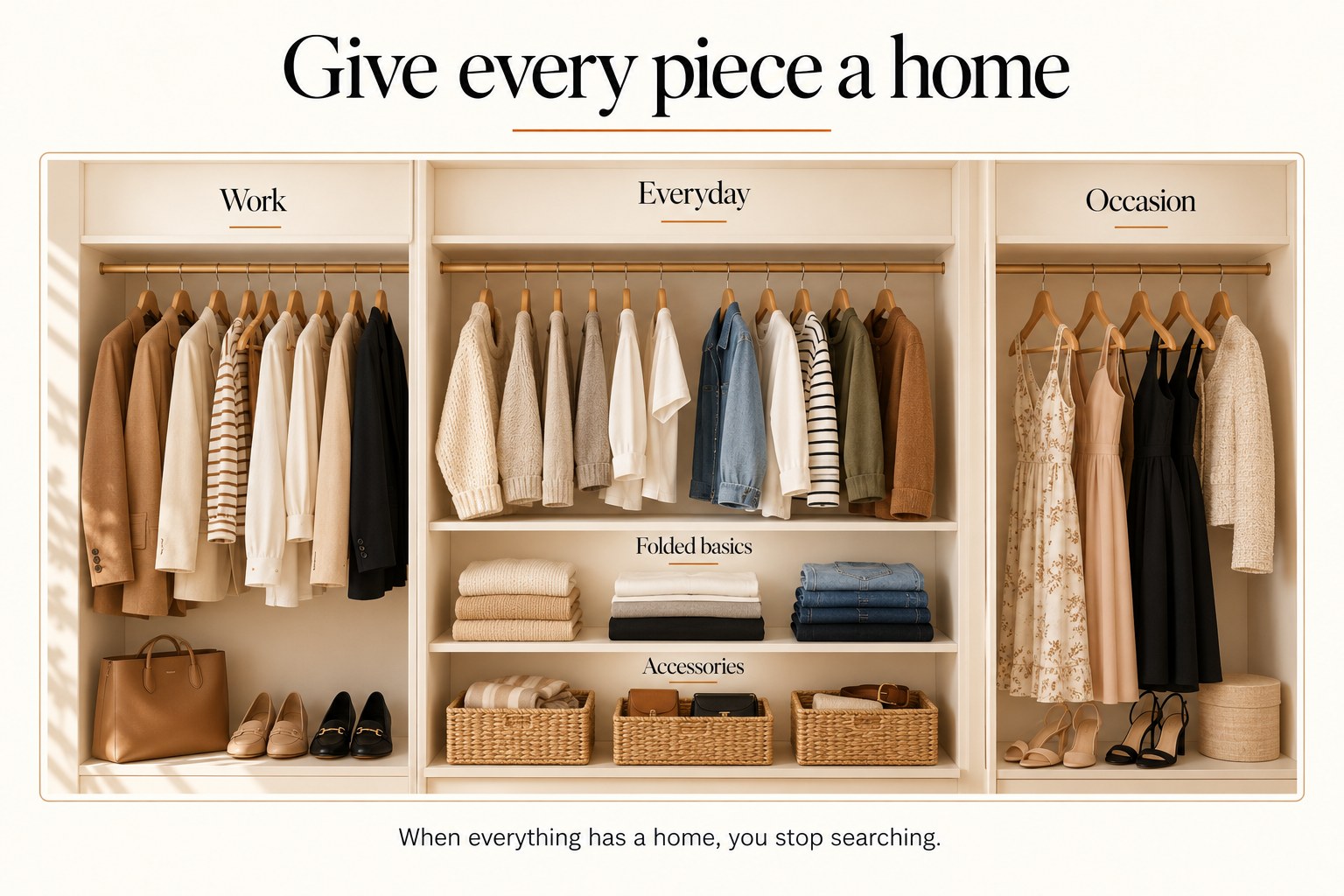 Give every piece a home: a closet divided into work, everyday, occasion, folded basics and accessories zones
