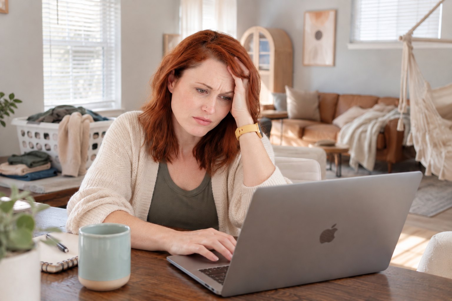 Woman working at a laptop while a pile of laundry sits in the background