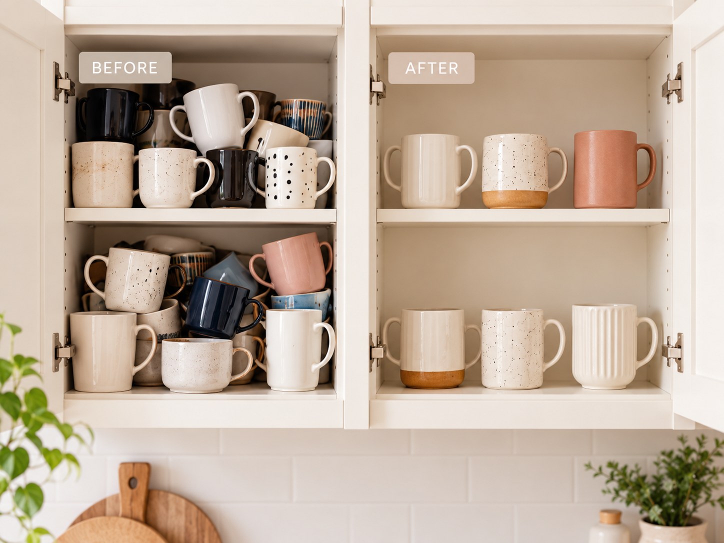 Before and after of a kitchen cabinet decluttered down to favorite mugs
