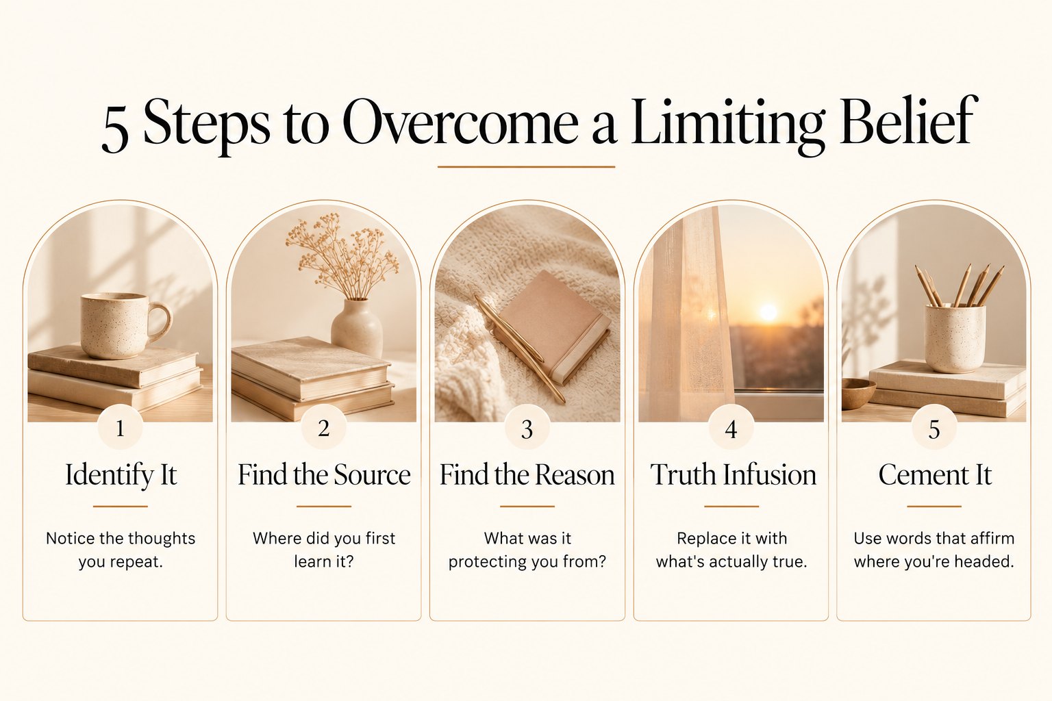 Five steps to overcome a limiting belief: identify it, find the source, find the reason, truth infusion, and cement it.