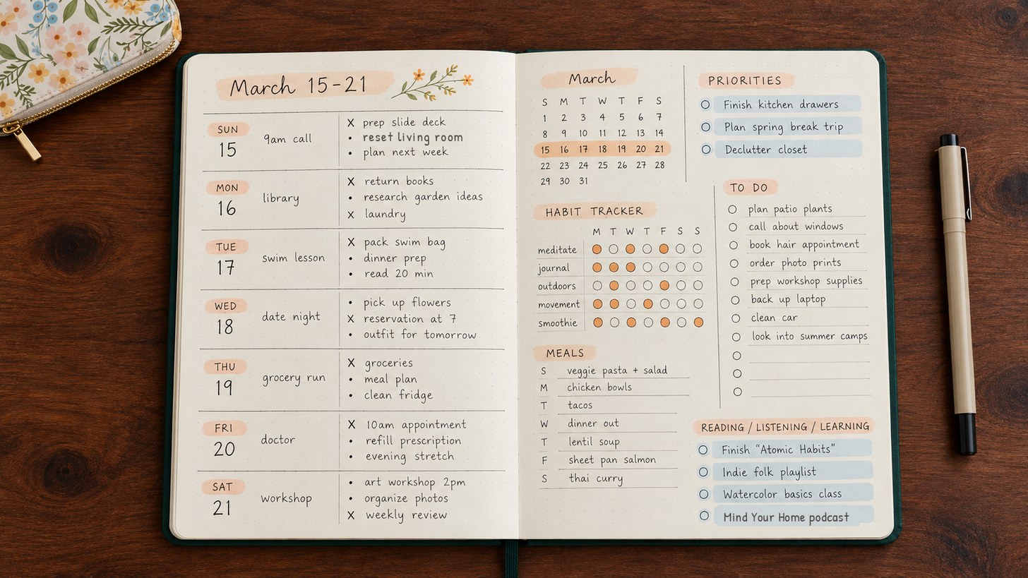A one page weekly planning spread with priorities and a habit tracker