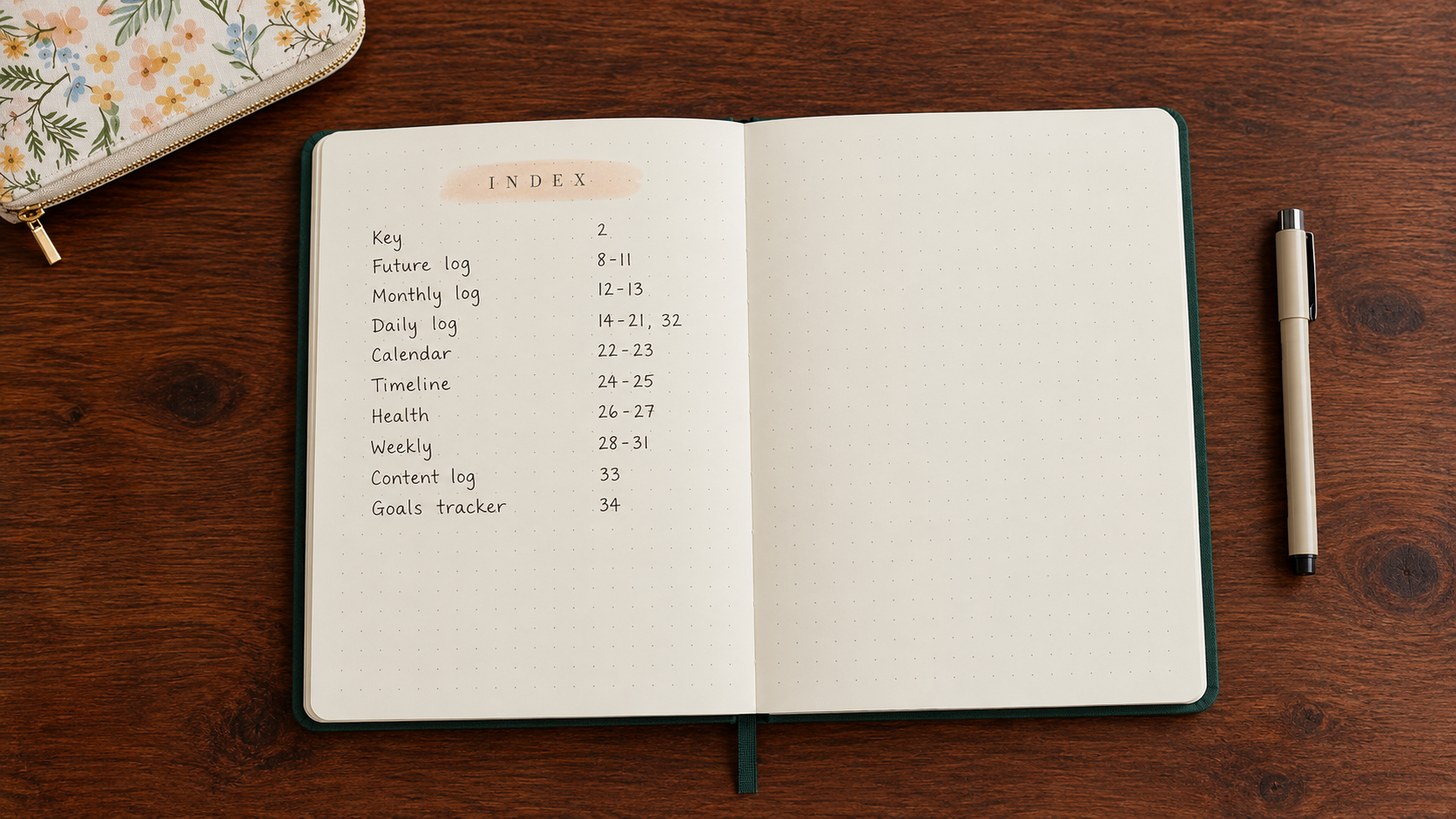 A bullet journal index page listing each spread and its page numbers