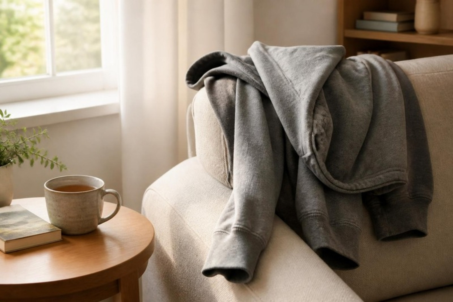 A loved one's grey hoodie draped over a cozy armchair beside a cup of tea