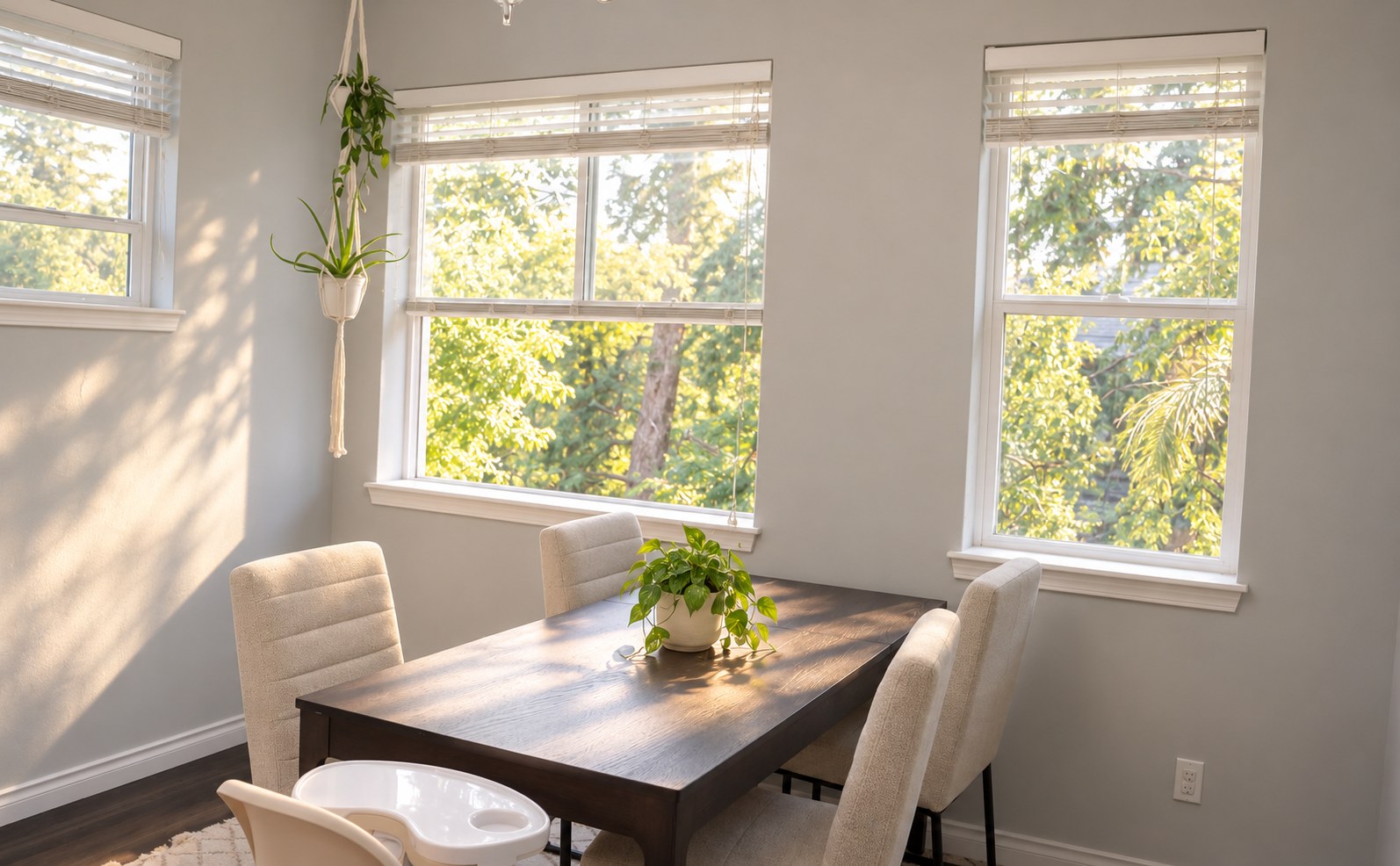 Open window letting fresh air and light into a freshly cleared dining nook