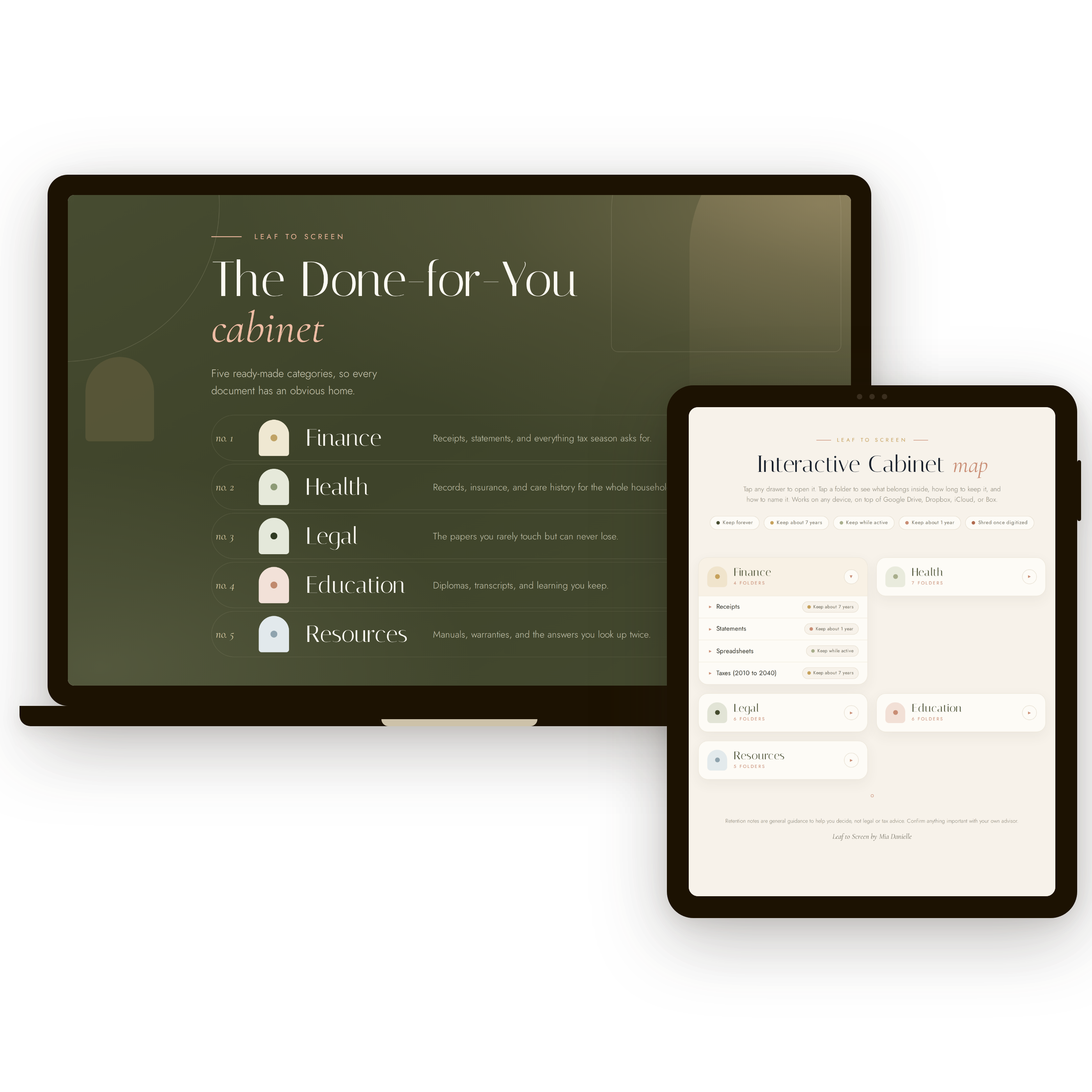 Leaf to Screen Digital Filing Cabinet on a laptop with the Interactive Cabinet Map open on a tablet