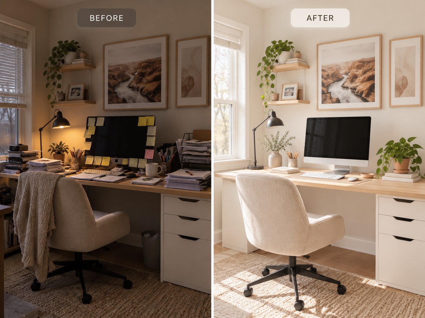Before and after of a home office, cluttered versus bright and streamlined