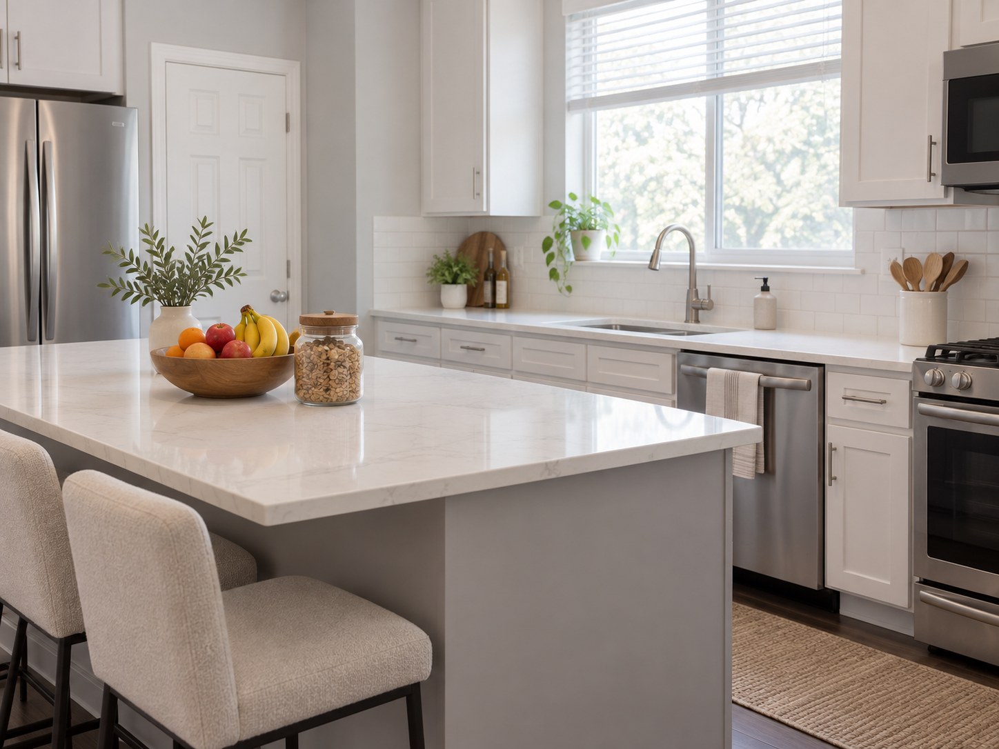 Kitchen counter with a fruit bowl set out as an easy healthy default