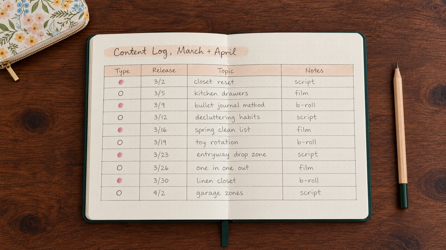 A pencil content log with columns for type, release date, topic and notes