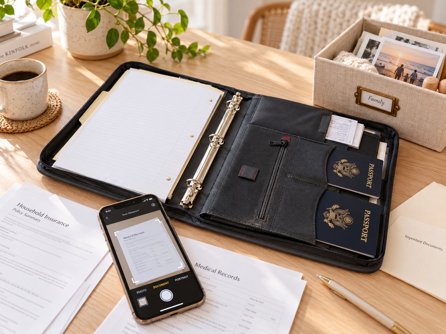 Zipper binder of essential documents next to a phone scanning paper and a family memory box