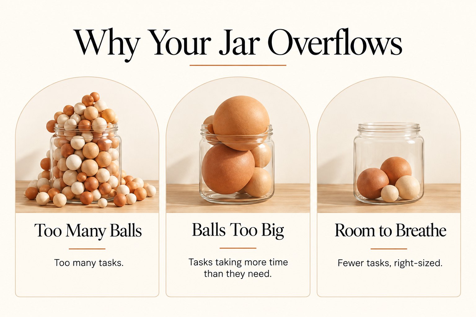 Three jars showing too many balls, balls too big, and a few right-sized balls with room to breathe.
