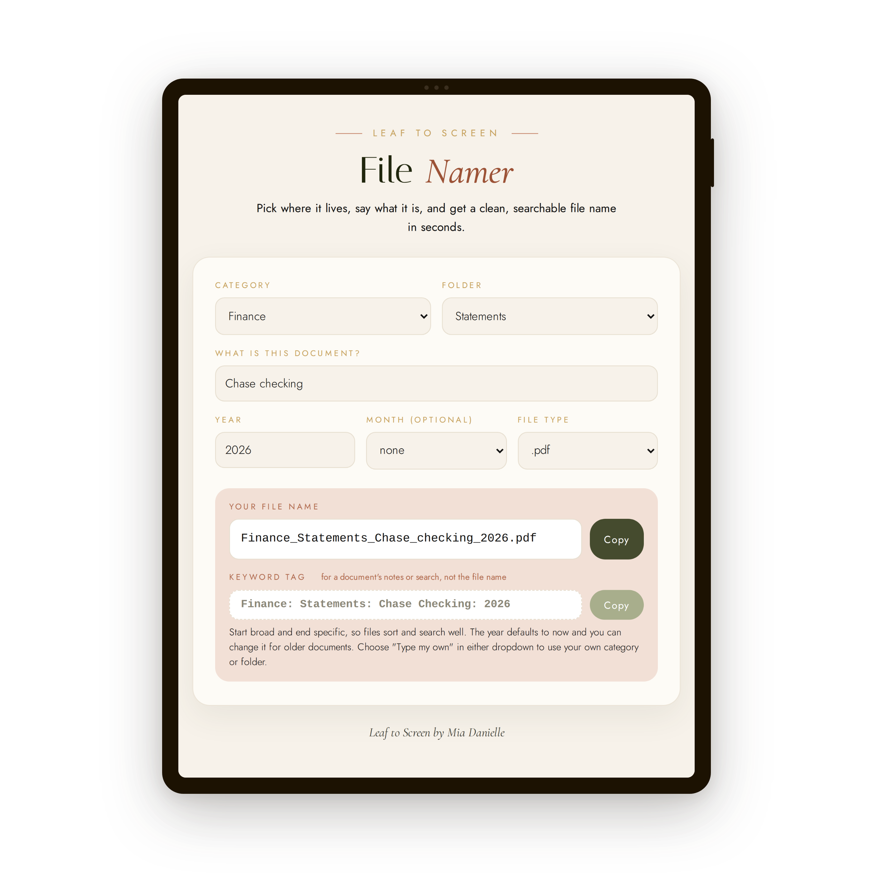 Leaf to Screen File Namer tool shown on a tablet with a finished file name