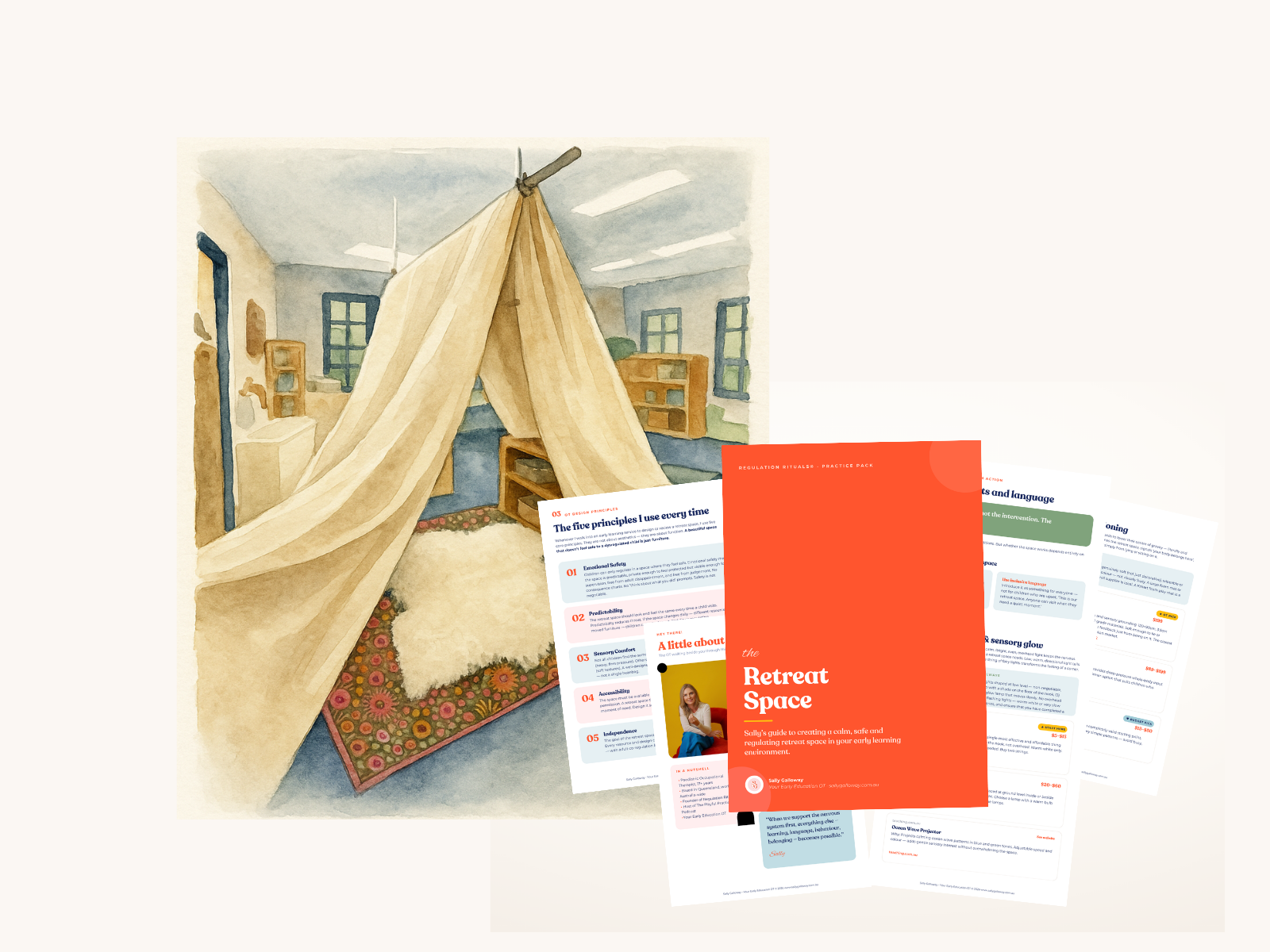 The Retreat Space Practice Pack, a nine page printed guide shown with its pages fanned out beside an illustration of a retreat space