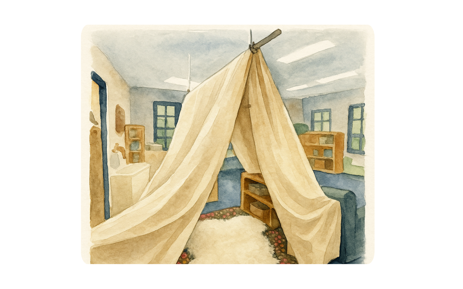 Watercolour illustration of a retreat space in an early learning room, a soft canopy over a rug and cushions, positioned in view of the rest of the room