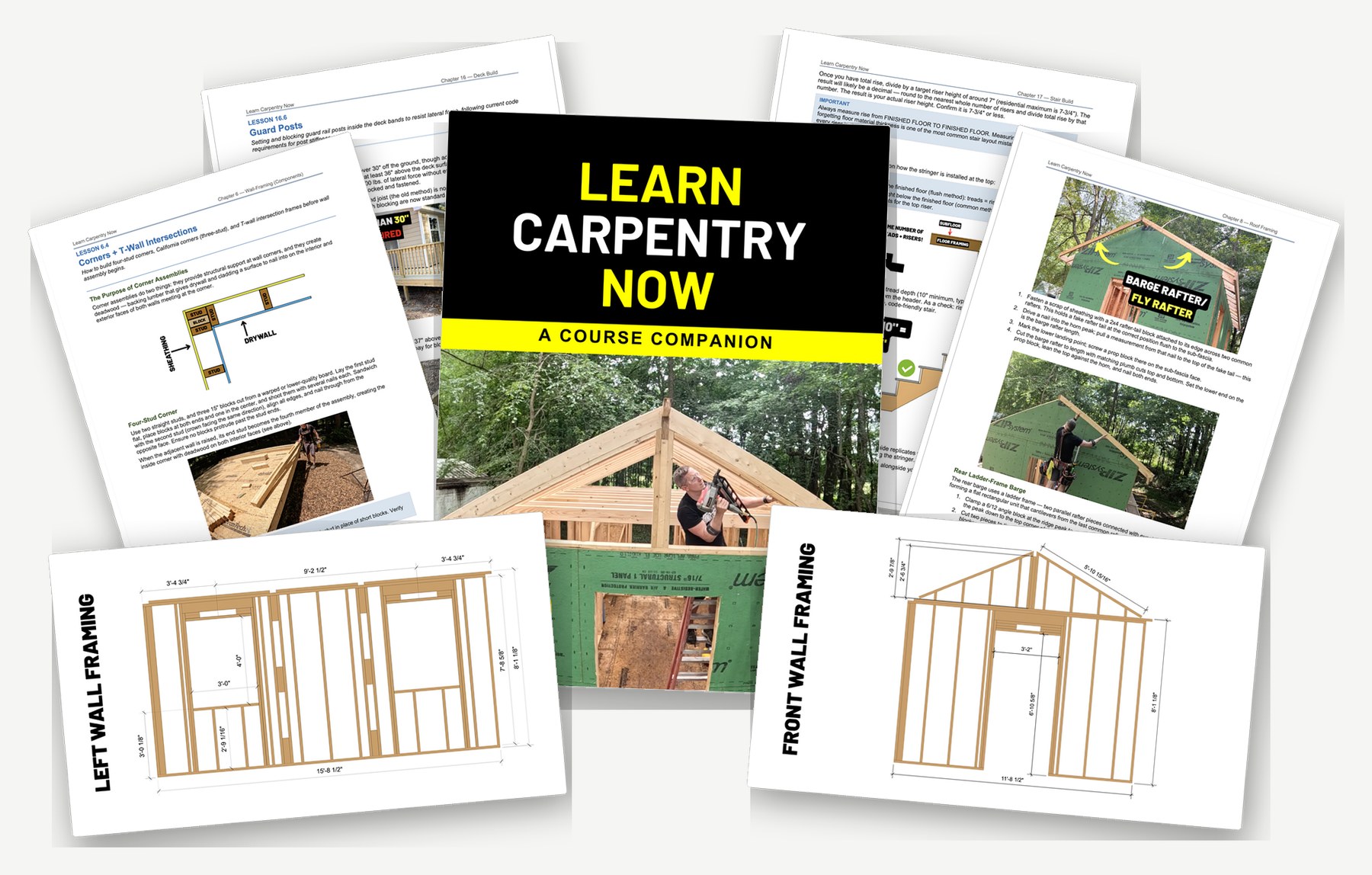 The Learn Carpentry Now PDF Course Companion, sample pages, and dimensioned framing drawings