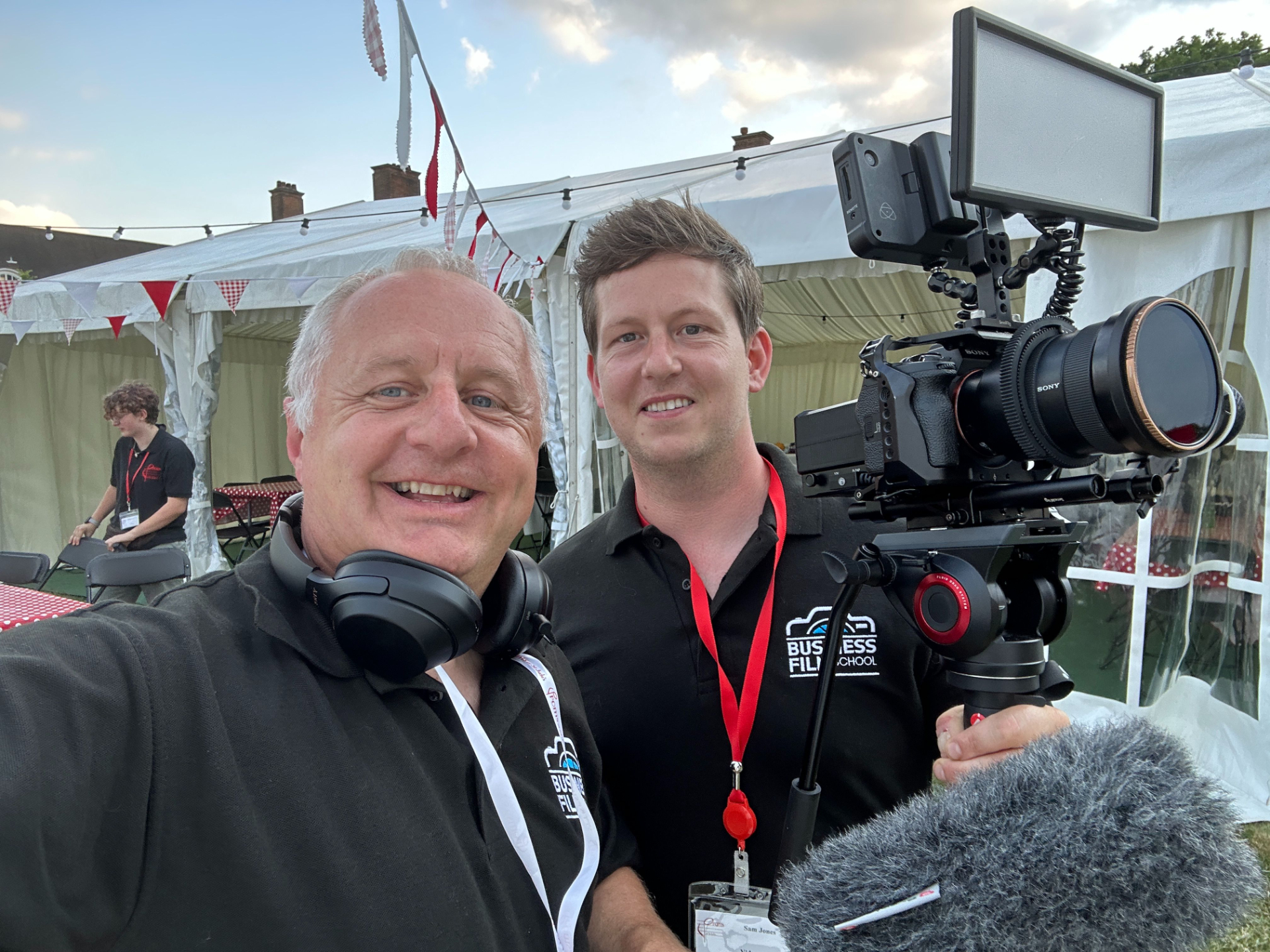 Working videographers on a commercial filming project who lead Business Film School smartphone video workshops.