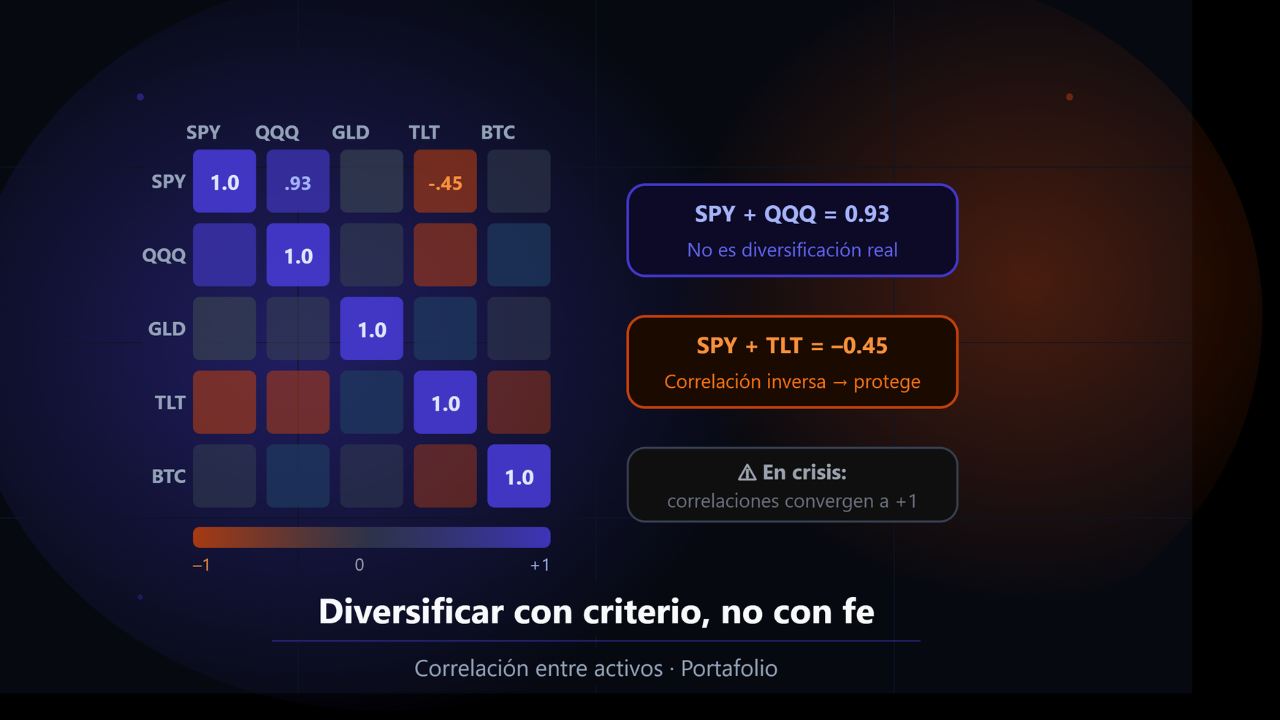 Matriz heatmap de correlación entre activos financieros SPY, QQQ, GLD, TLT y BTC mostrando correlaciones altas, bajas y negativas entre pares
