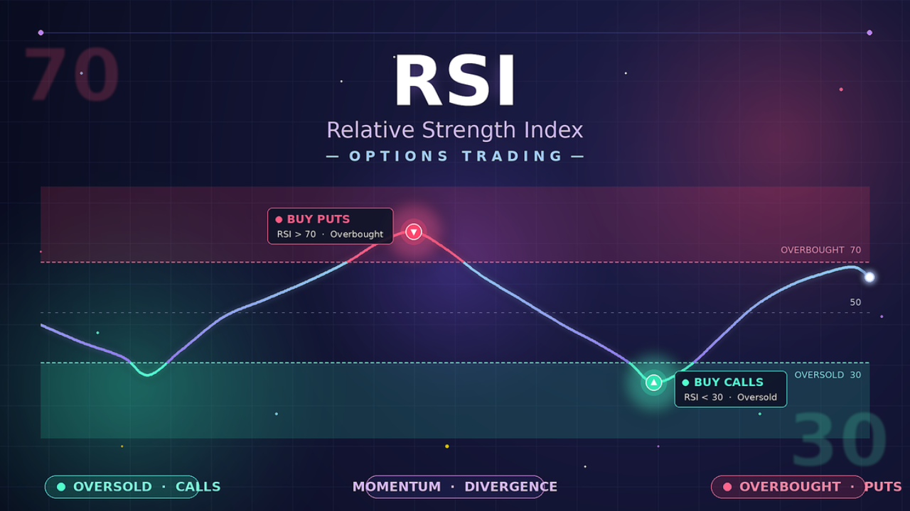 Gráfico del RSI (Índice de Fuerza Relativa) en trading de opciones con señales de compra de calls en oversold y puts en overbought.