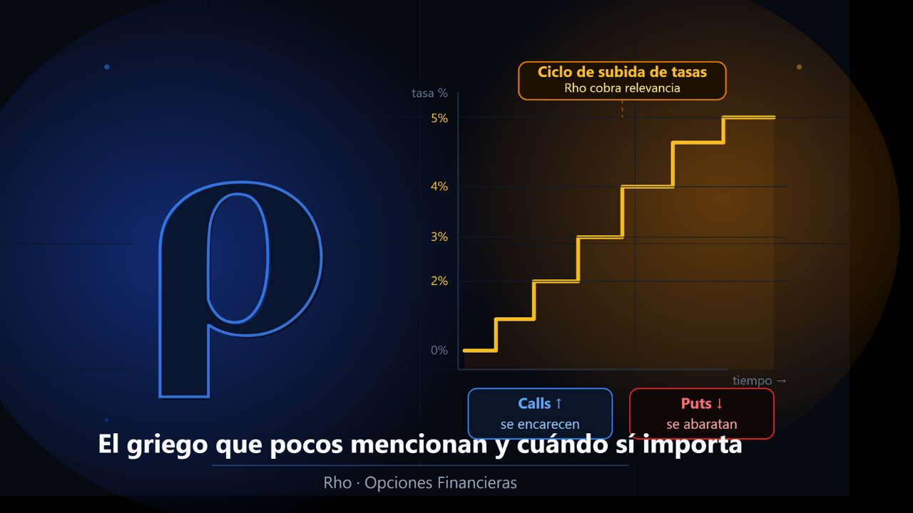 Símbolo griego rho junto a gráfico de tasas de interés en escalones ilustrando el impacto de Rho en opciones financieras durante ciclos de política monetaria