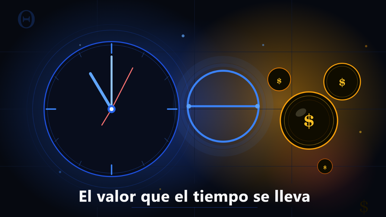 Símbolo Theta con reloj y monedas ilustrando el decaimiento temporal del valor extrínseco en opciones financieras