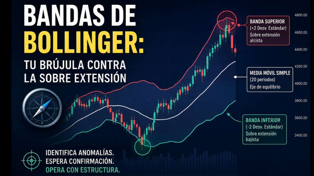 Ilustración de Bandas de Bollinger aplicadas a un gráfico bursátil para identificar sobreextensiones del mercado y mejorar el análisis técnico en trading