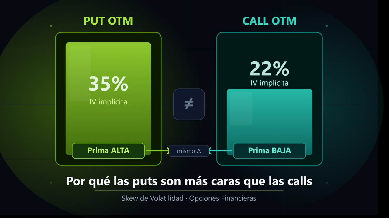 Dos barras de altura desigual comparando la volatilidad implícita de una put OTM y una call OTM con el mismo delta, ilustrando el skew de volatilidad en opciones financieras