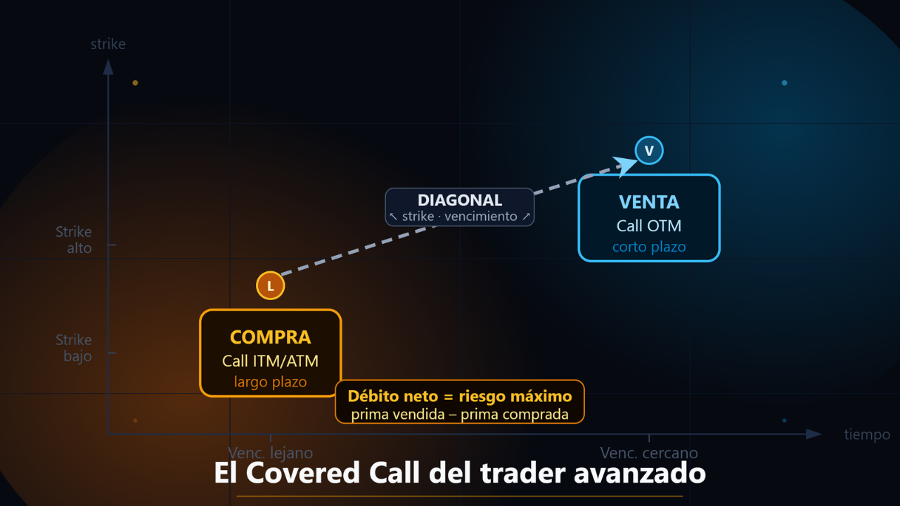 Diagrama con ejes de strike y vencimiento mostrando los dos tramos del Diagonal Spread conectados por una línea diagonal en opciones financieras
