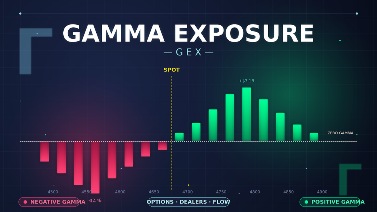 Gráfico de Gamma Exposure (GEX) mostrando barras rojas de gamma negativo y verdes de gamma positivo divididas por el nivel SPOT.