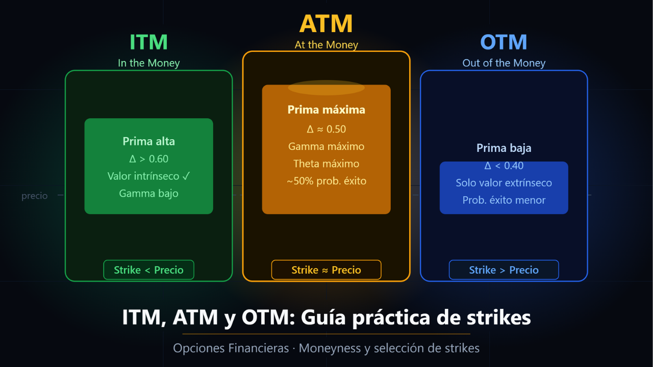 Comparación visual de opciones ITM, ATM y OTM con Delta, prima y probabilidad de éxito para selección de strikes en opciones financieras