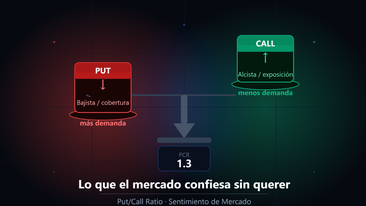 Balanza con put y call ilustrando el Put/Call Ratio como indicador de sentimiento del mercado de opciones financieras