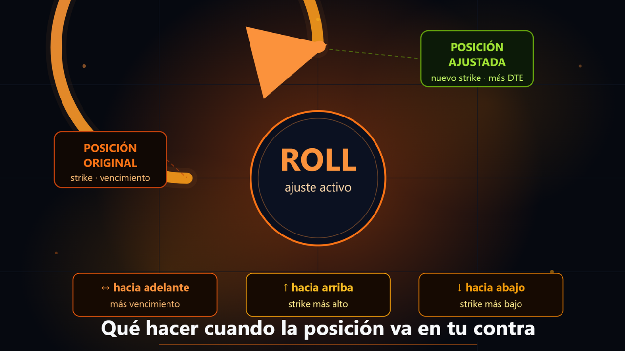Flecha circular sobre fondo oscuro ilustrando el concepto del Roll como ajuste activo de posiciones en opciones financieras
