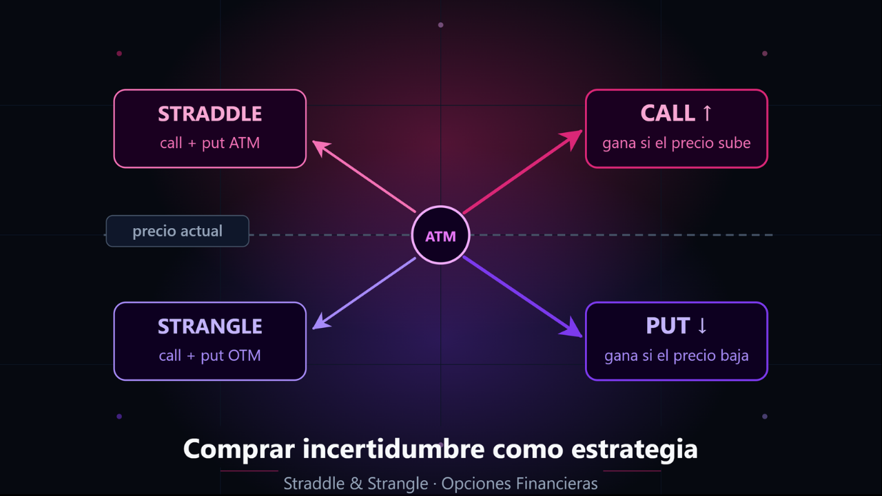 Flechas divergentes hacia arriba y abajo desde el precio actual ilustrando el Straddle y Strangle como estrategias de volatilidad en opciones financieras