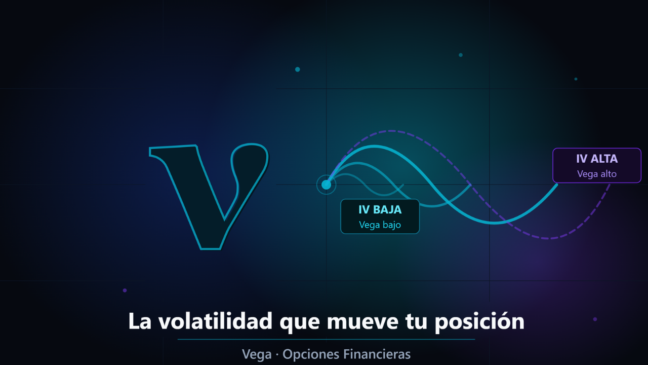 Símbolo griego nu con ondas de expansión de volatilidad implícita ilustrando el griego Vega en opciones financieras