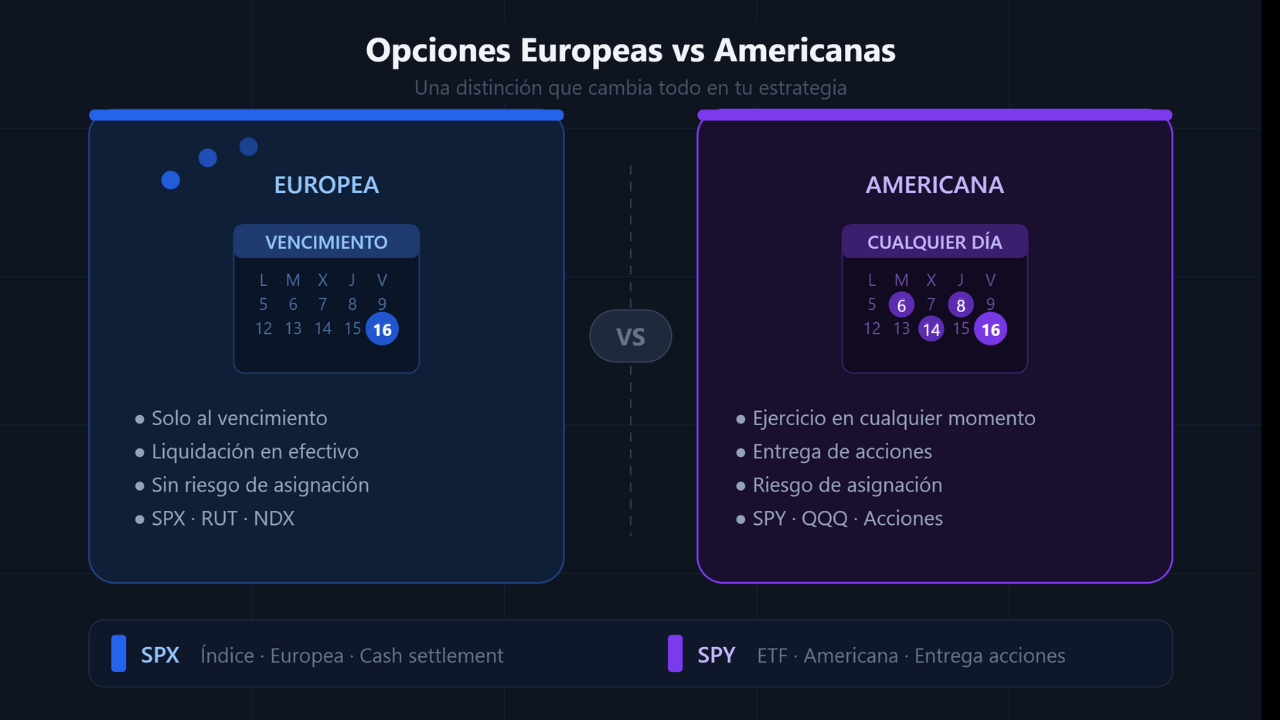 Comparación visual entre opciones europeas y americanas con diferencias de ejercicio y liquidación en trading de opciones