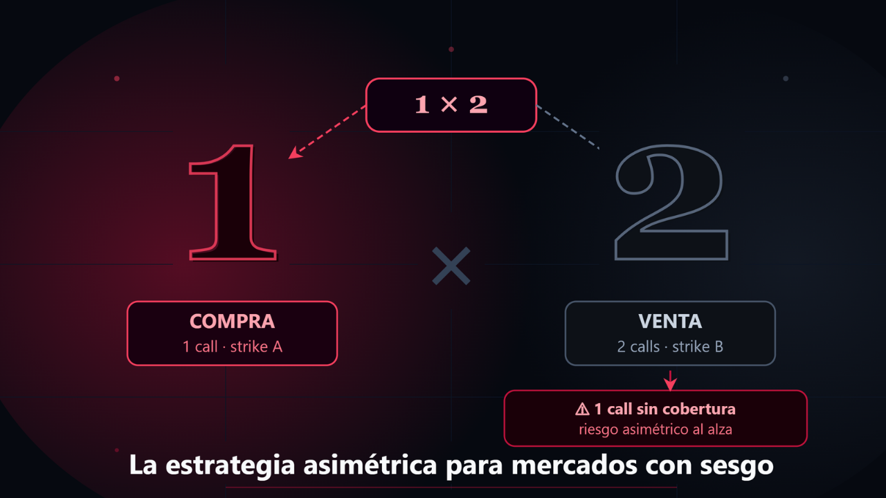 Números 1 y 2 sobre fondo oscuro ilustrando la proporción asimétrica del Ratio Spread en opciones financieras, con advertencia de pata sin cobertura