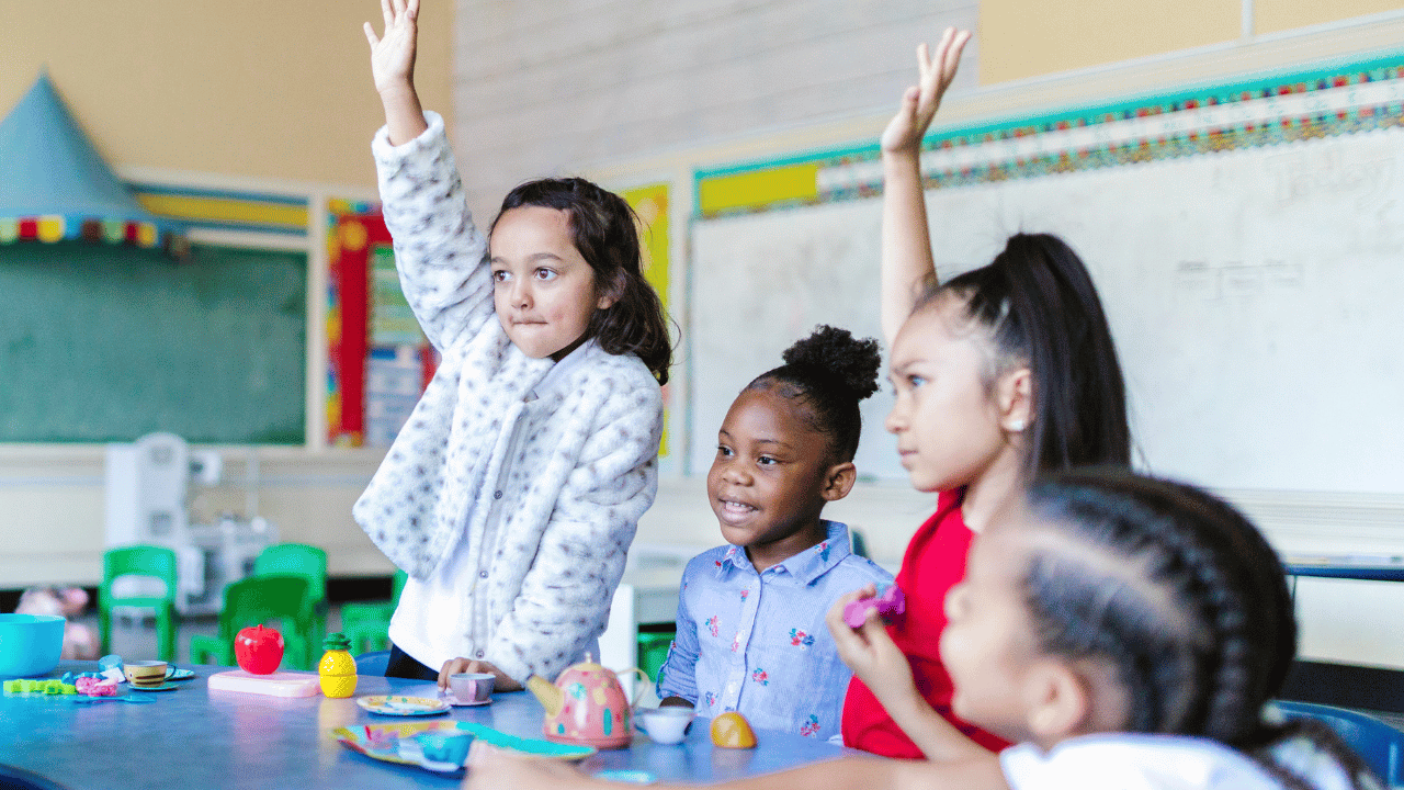 4 students, two raising hands