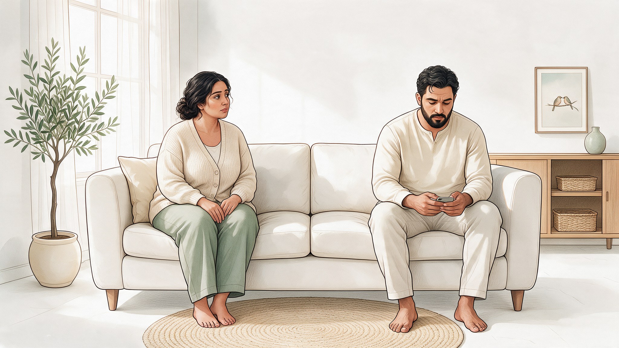 زوجان يجلسان على طرفي أريكة بعد خلاف، هي تنظر إليه وهو منشغل بهاتفه