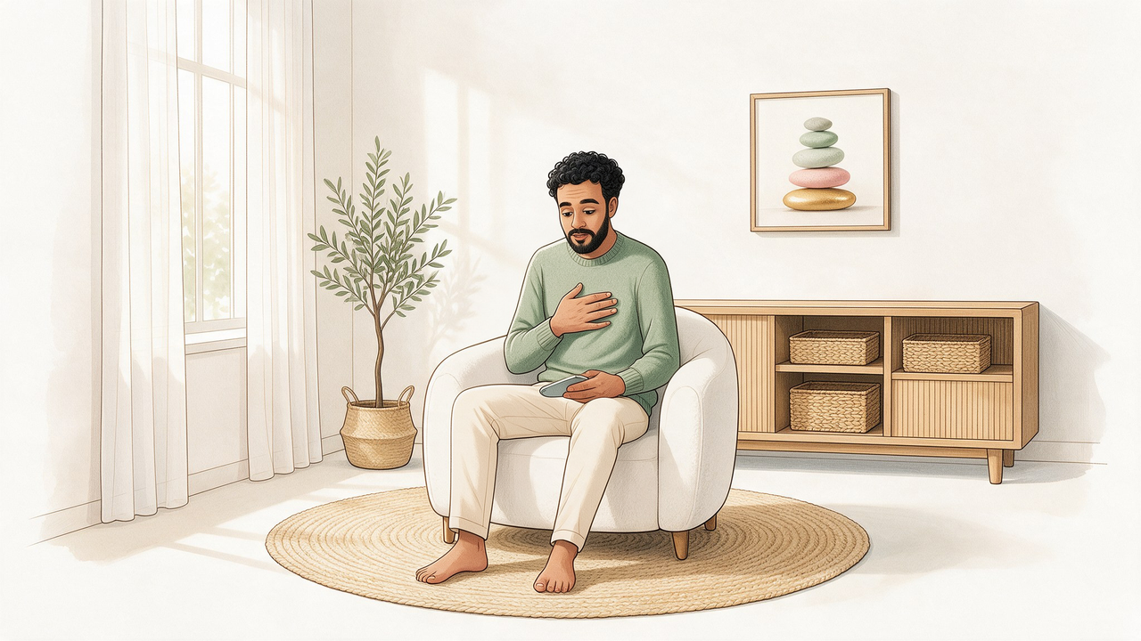 رسم توضيحي لرجل يجلس على كرسي أبيض في غرفة هادئة، يضع يده على صدره ويمسك هاتفه، وفي الخلف لوحة لخمسة أحجار ملوّنة فوق بعضها