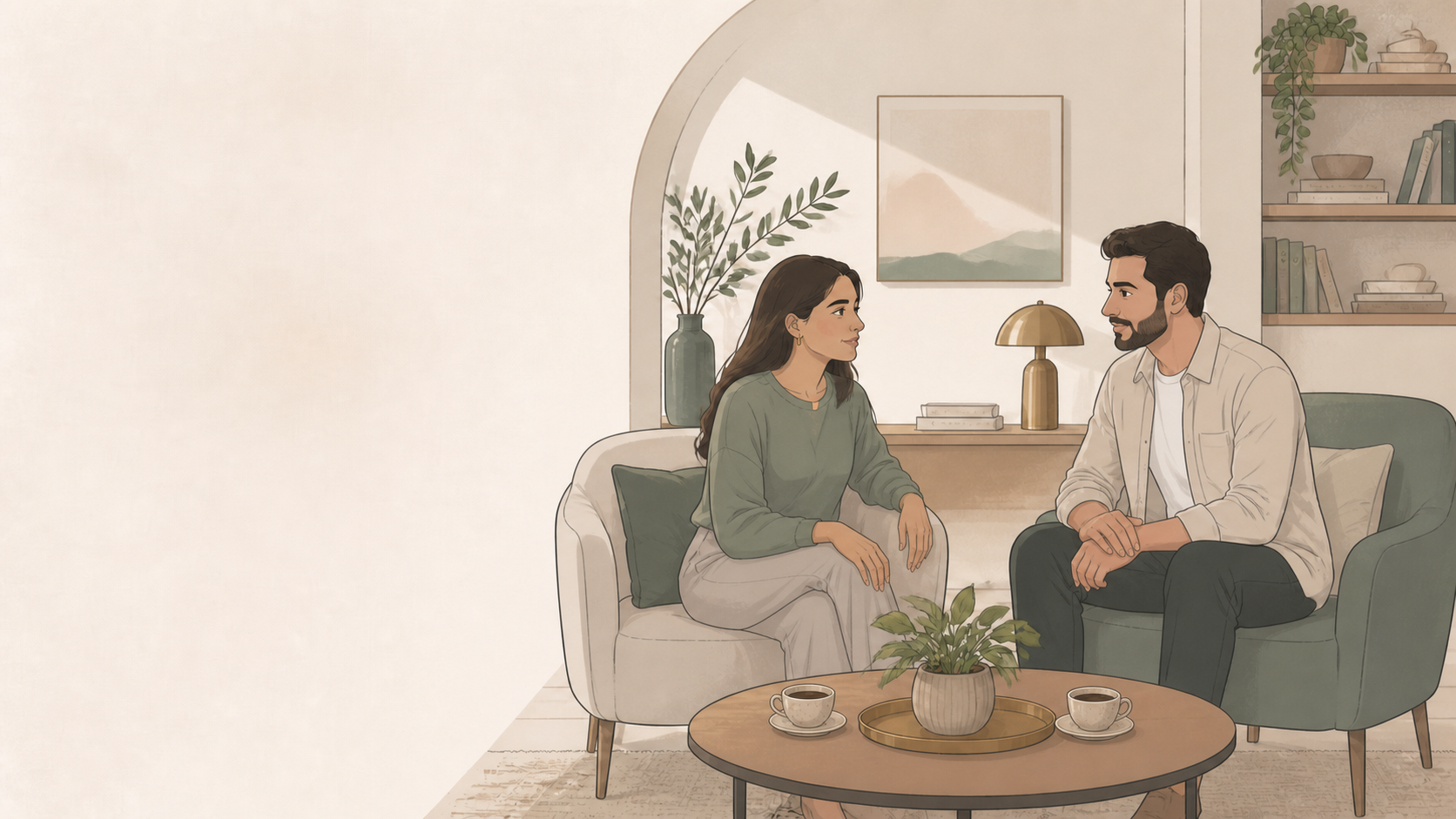 امرأة ورجل يجلسان متقابلين في حديث هادئ