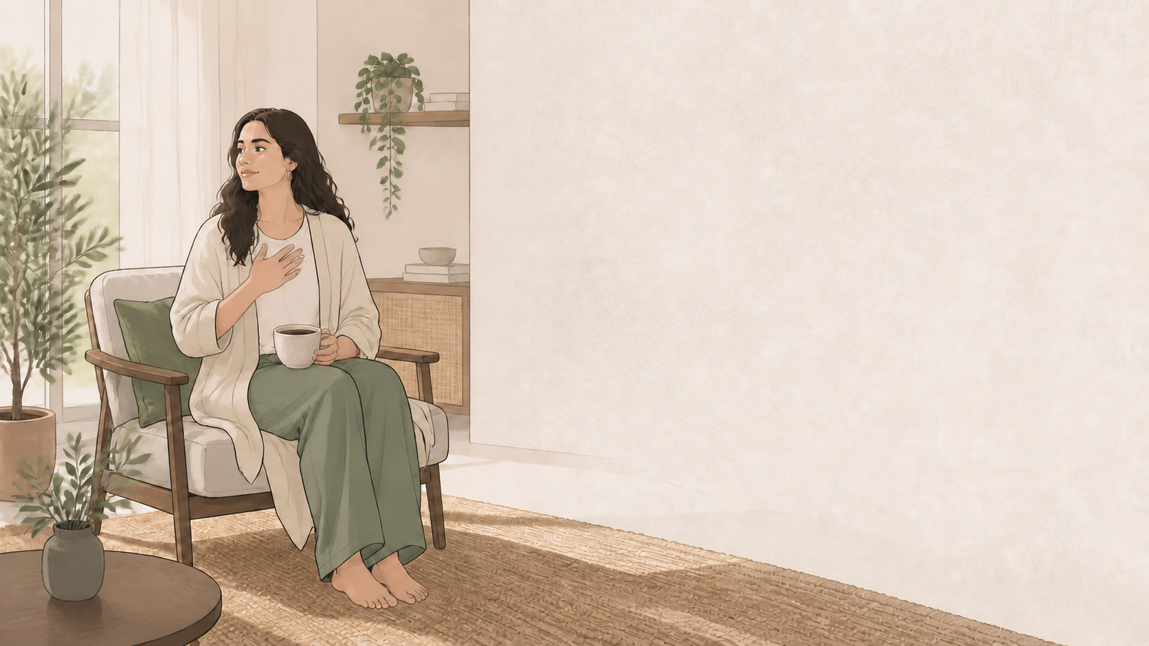 امرأة تجلس في هدوء ويدها على صدرها