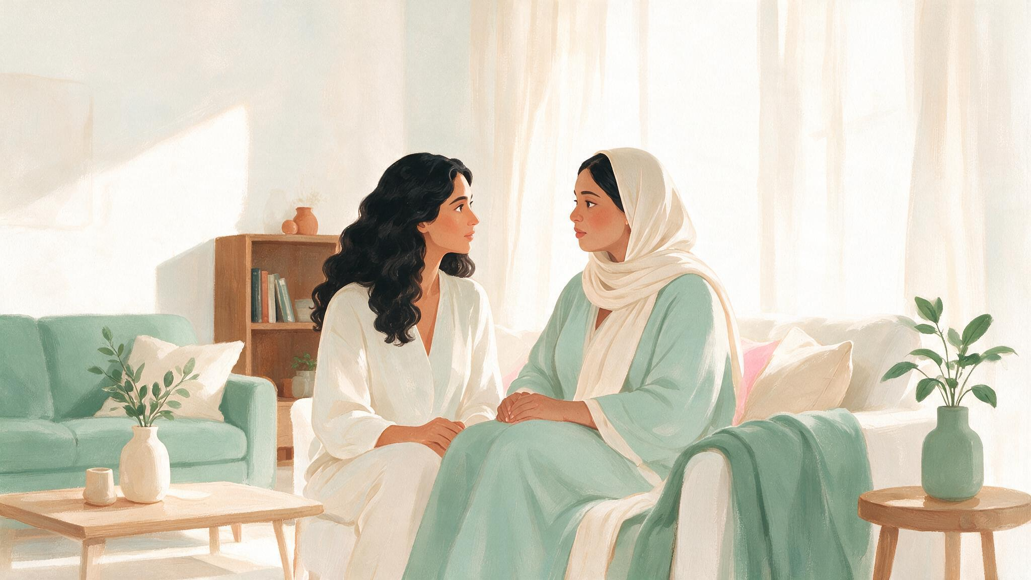 امرأتان تجلسان متقاربتين على أريكة وتتحدثان