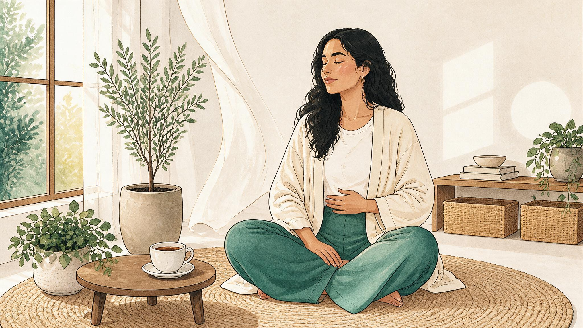 شخص جالس قرب نافذة ويده على بطنه أثناء تمرين تنفّس