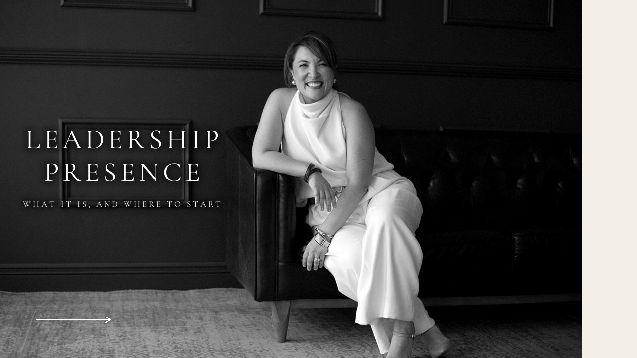 Sonya Choi La Rosa seated on a dark leather sofa, with the words Leadership Presence
