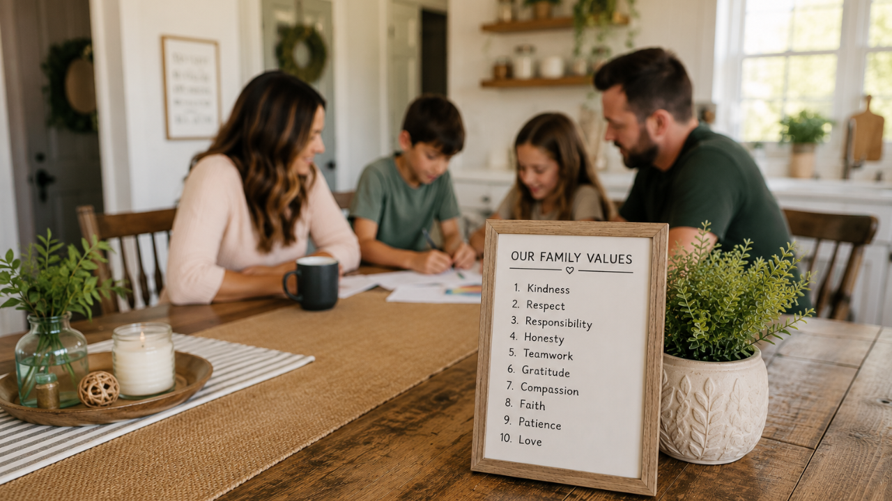 Family values worksheet displayed on a dining table with a softly blurred family gathered in the background, symbolizing intentional parenting, connection, and a values-centered home