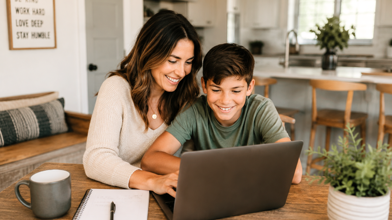Serenely Rooted H.O.M.E. Course framework illustration showing a parent and child using simple home management systems, family routines, and intentional planning tools to create a calm, organized, connected home.