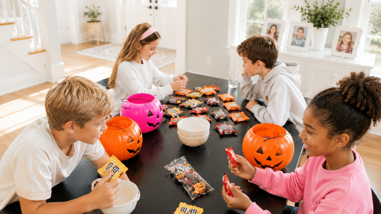 Serenely Rooted family gathered around a table sorting Halloween candy together in a warm, cozy home, celebrating connection, intentional living, and joyful family rhythms.
