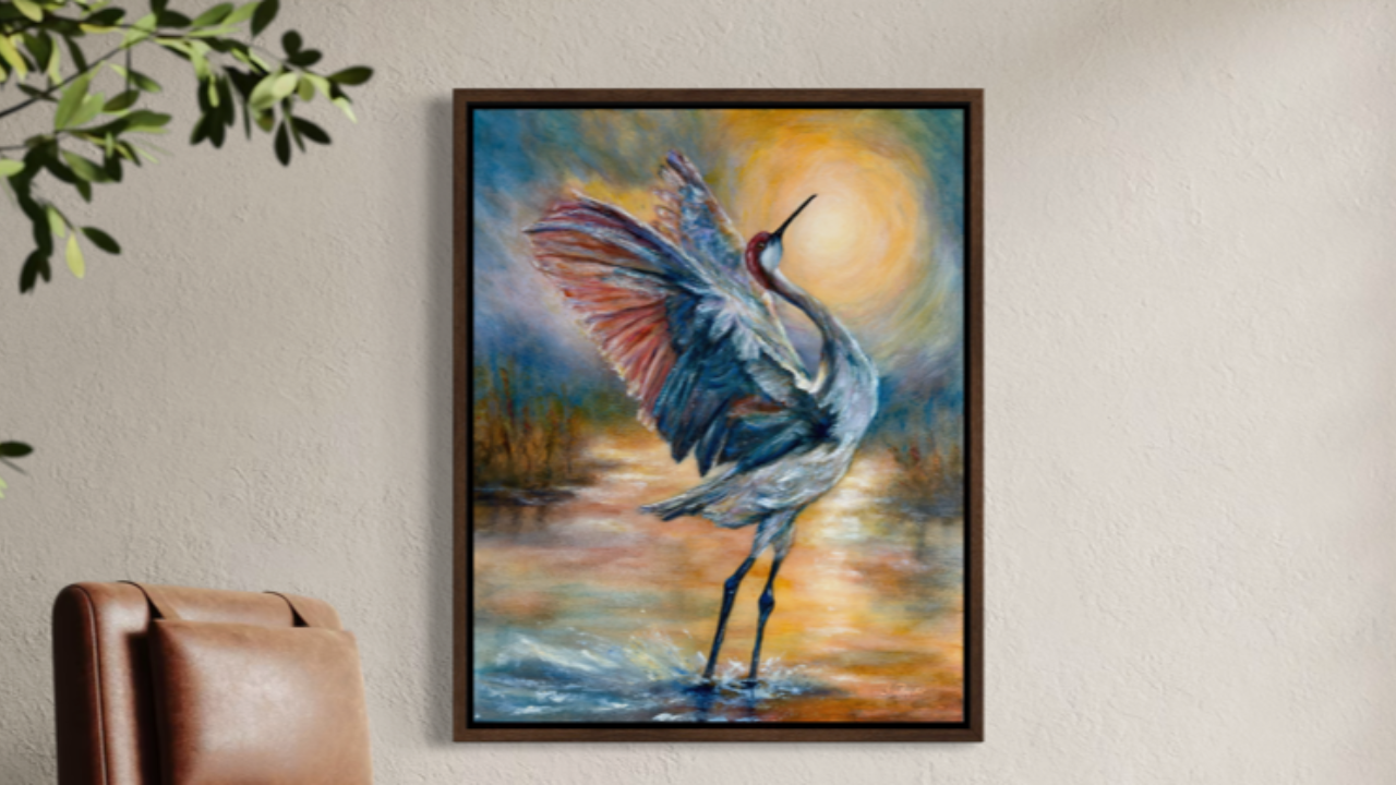 Echoes of a Sandhill's Sunrise Ballet, original oil and cold wax painting of a sandhill crane dancing at sunrise by Jenn Royster
